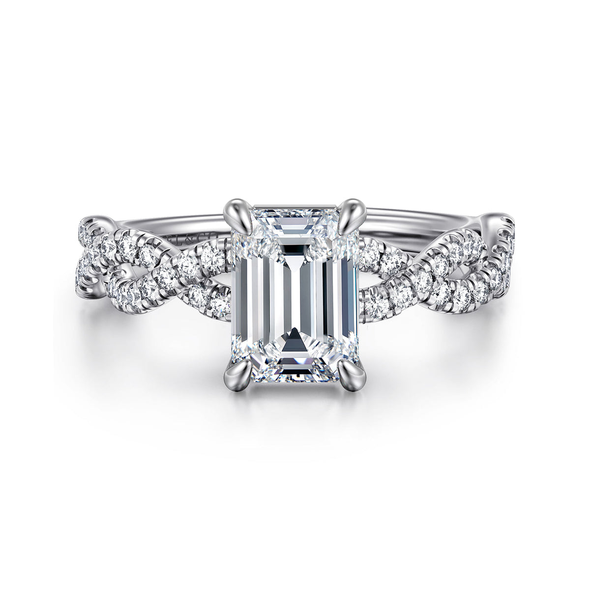 14K White Gold Twisted Emerald Cut  Diamond Engagement Ring — ER16142E6W44JJ; center stone shown for illustration, not included