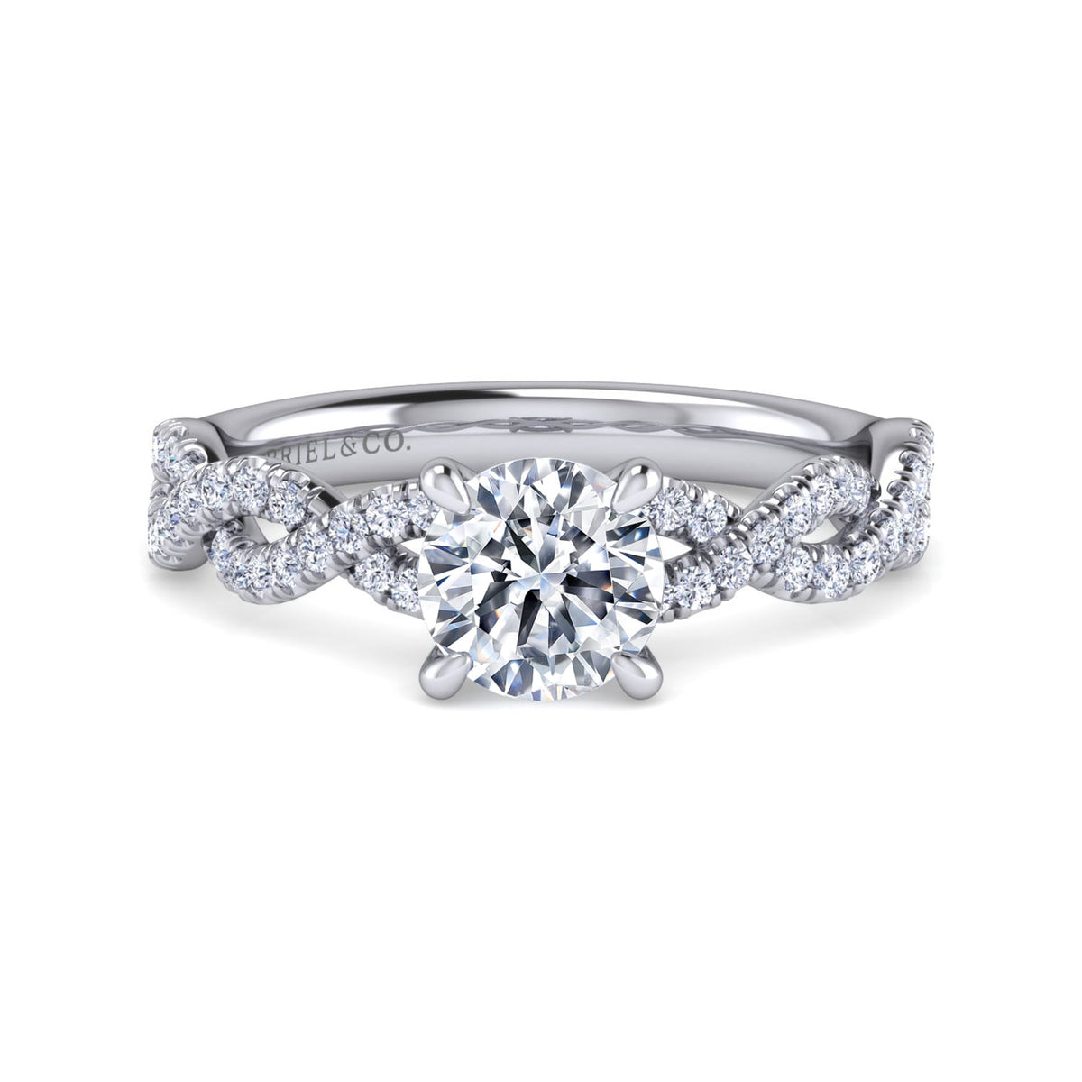 14K White Gold Twisted Round Diamond Engagement Ring — ER16142R4W44JJ; center stone shown for illustration, not included