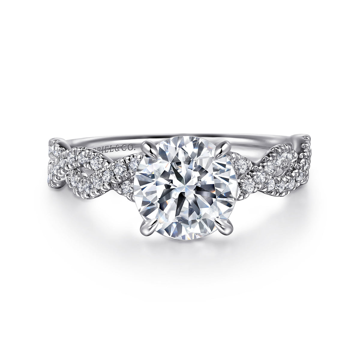 14K White Gold Twisted Round Diamond Engagement Ring — ER16142R6W44JJ; center stone shown for illustration, not included