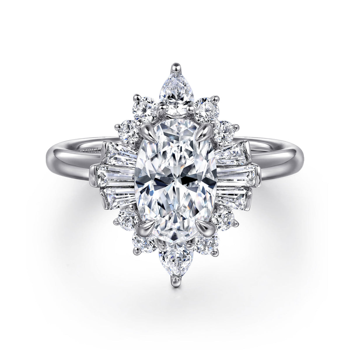 14K White Gold Oval Halo Diamond Engagement Ring — Gabriel & Co. ER16185O6W44JJ; center stone shown for illustration, not included