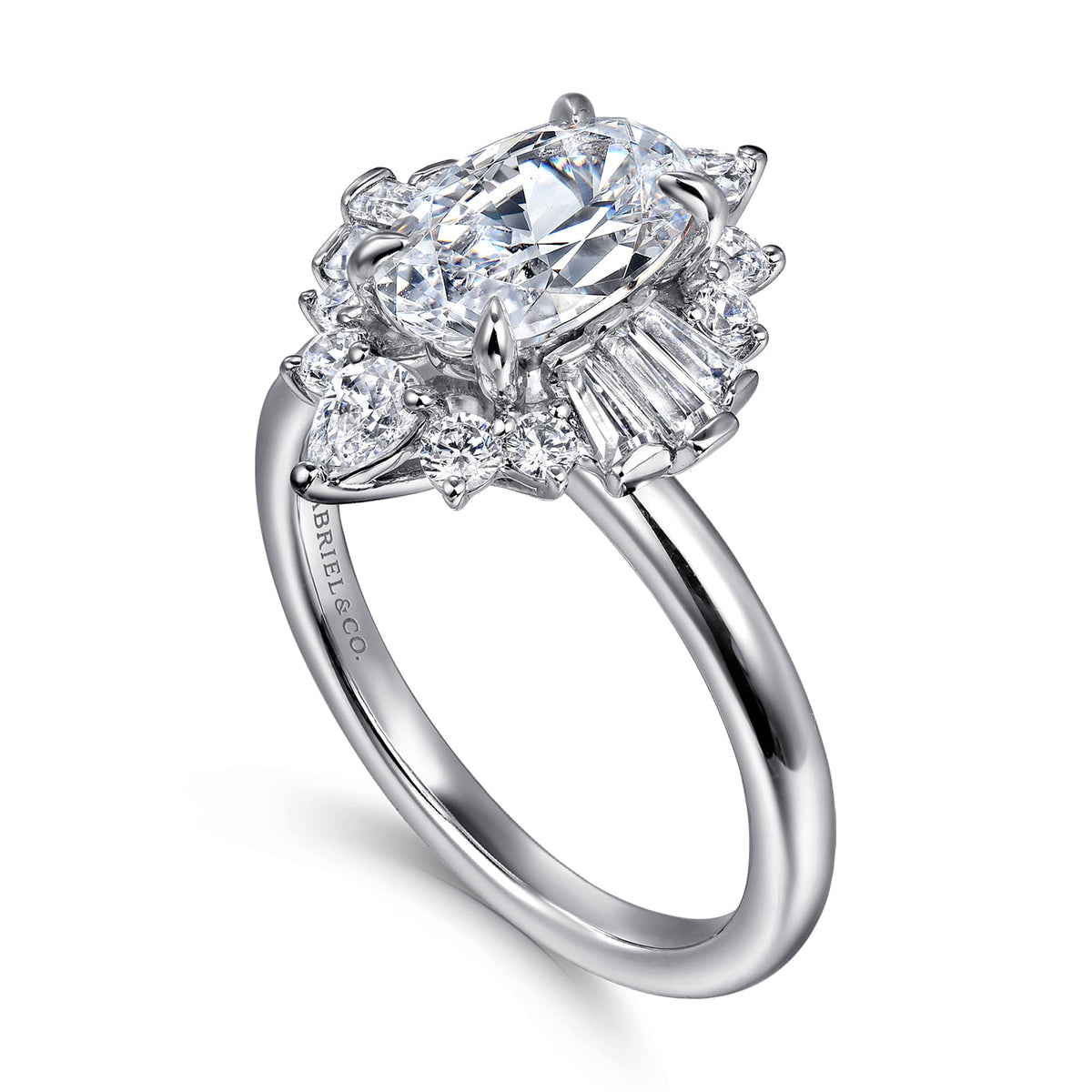 14K White Gold Oval Halo Diamond Engagement Ring — Gabriel & Co. ER16185O6W44JJ; center stone shown for illustration, not included