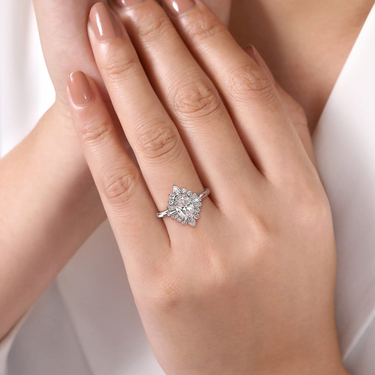 14K White Gold Oval Halo Diamond Engagement Ring — Gabriel & Co. ER16185O6W44JJ; center stone shown for illustration, not included