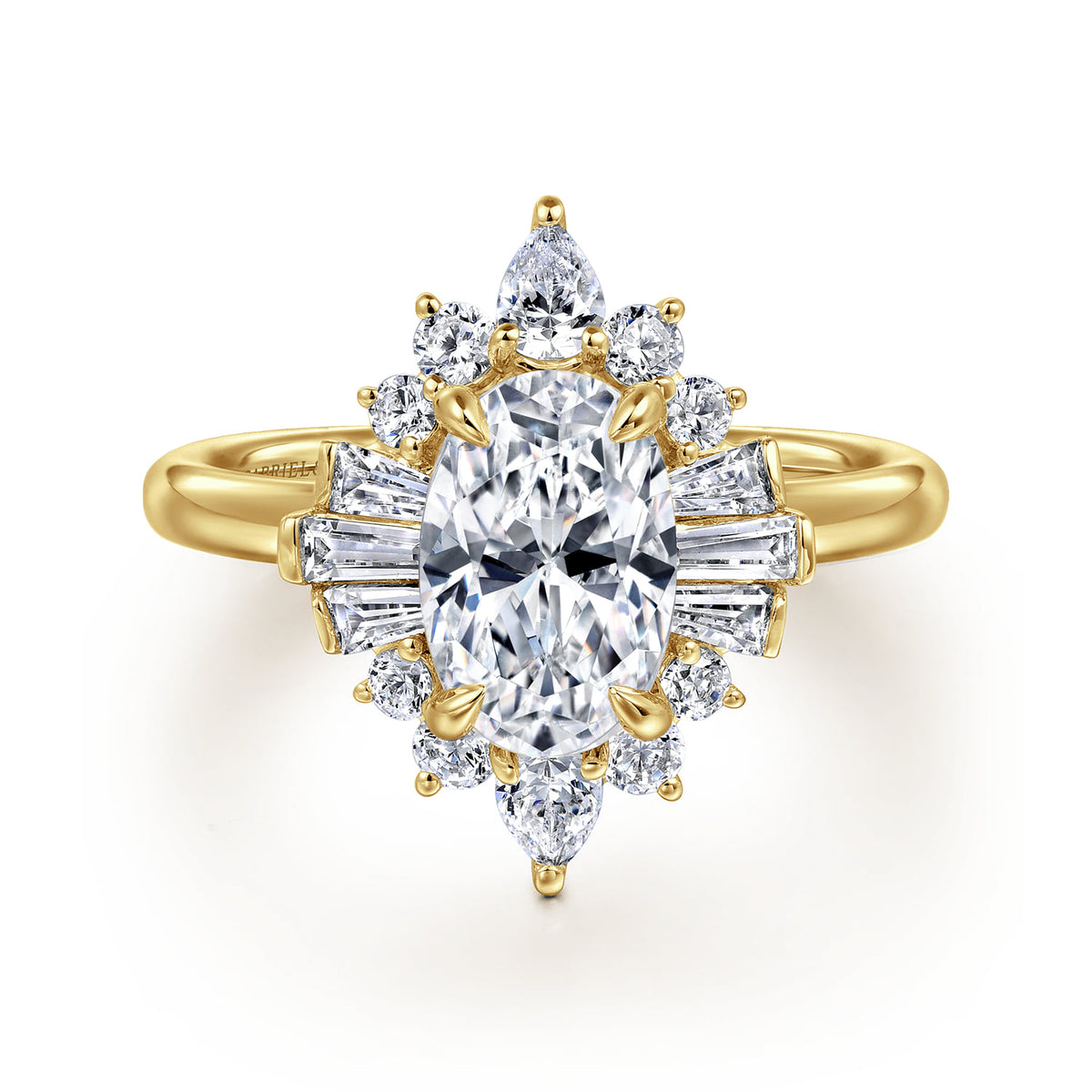 14K Yellow Gold Oval Halo Diamond Engagement Ring — Gabriel & Co. ER16185O6Y44JJ; center stone shown for illustration, not included