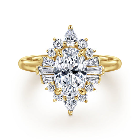 14K Yellow Gold Oval Halo Diamond Engagement Ring — Gabriel & Co. ER16185O6Y44JJ; center stone shown for illustration, not included