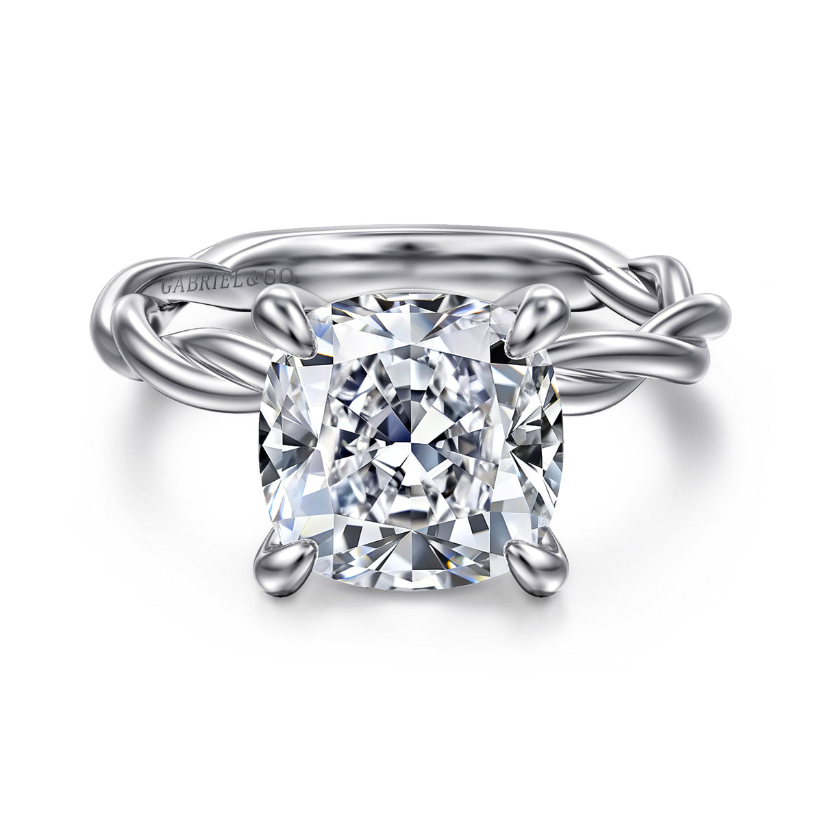 14K White Gold Twisted Cushion Cut Diamond Engagement Ring — Gabriel & Co. ER16188C17W4JJJ; center stone shown for illustration, not included