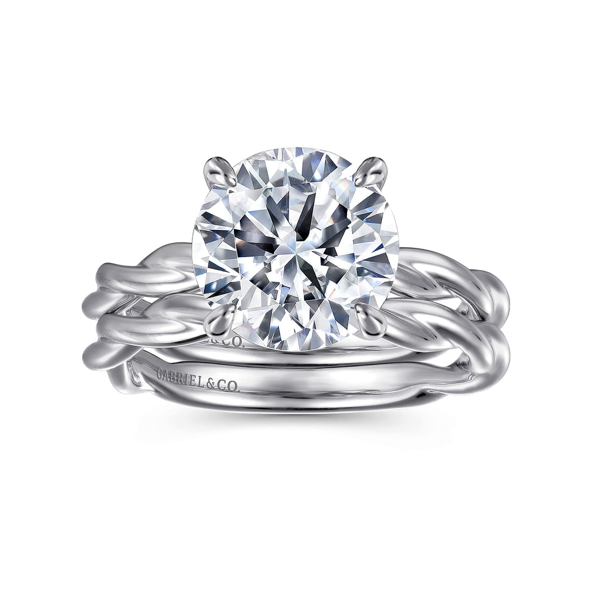 14K White Gold Twisted Round Diamond Engagement Ring — Gabriel & Co. ER16188R12W4JJJ; center stone shown for illustration, not included