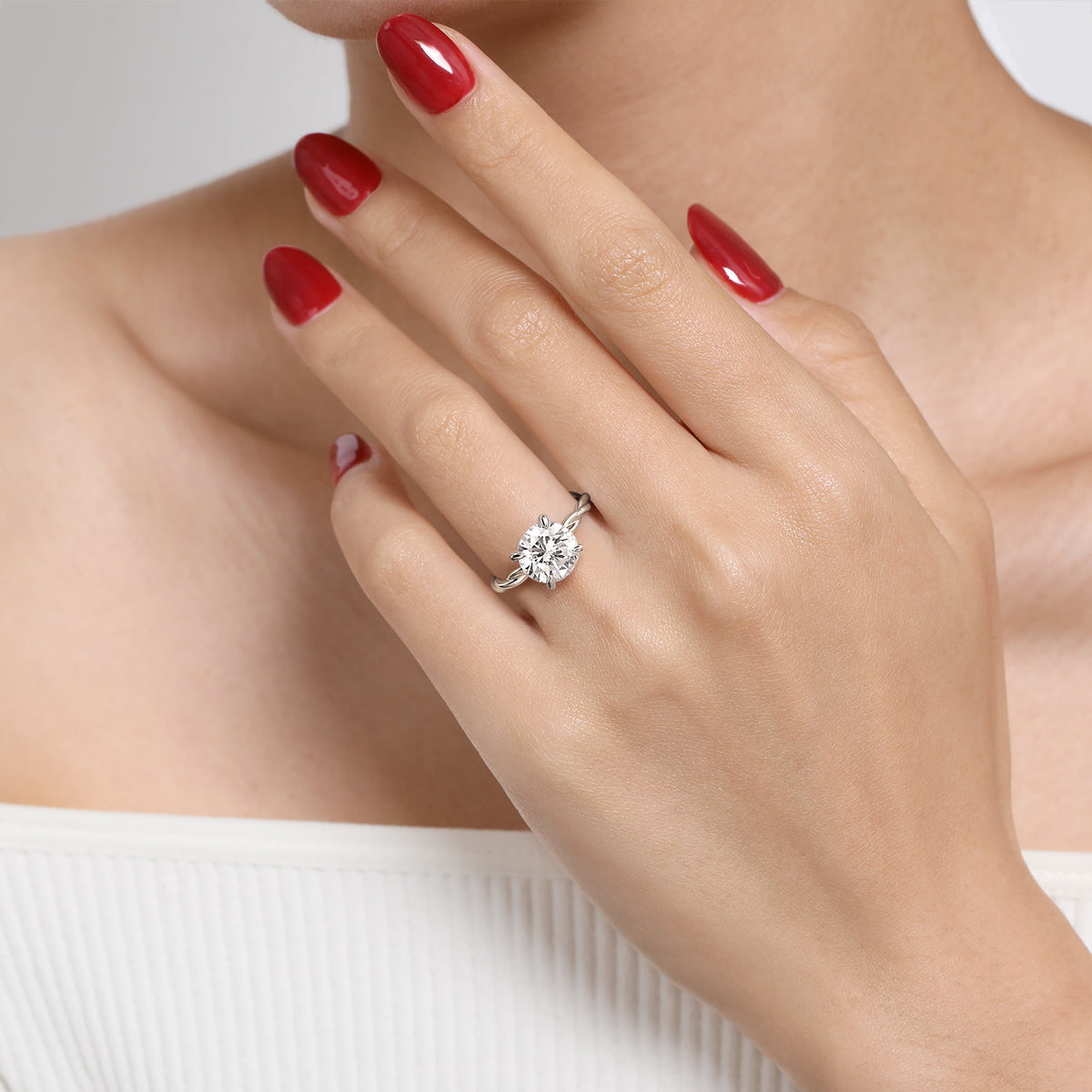 14K White Gold Twisted Round Diamond Engagement Ring — Gabriel & Co. ER16188R12W4JJJ; center stone shown for illustration, not included