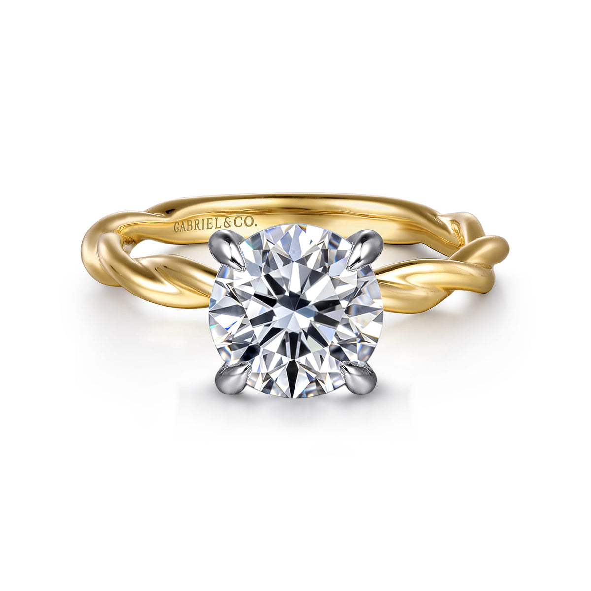 14K White-Yellow Gold Twisted Round Diamond Engagement Ring — Gabriel & Co. ER16188R8M4JJJ; center stone shown for illustration, not included
