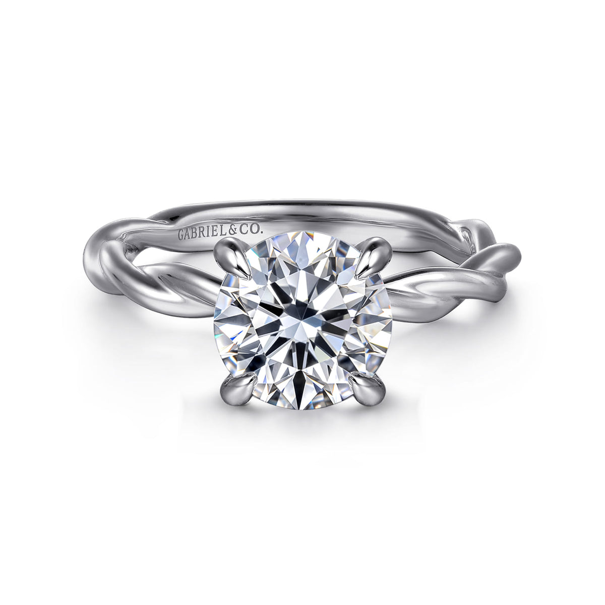 14K White Gold Twisted Round Diamond Engagement Ring — Gabriel & Co. ER16188R8W4JJJ; center stone shown for illustration, not included