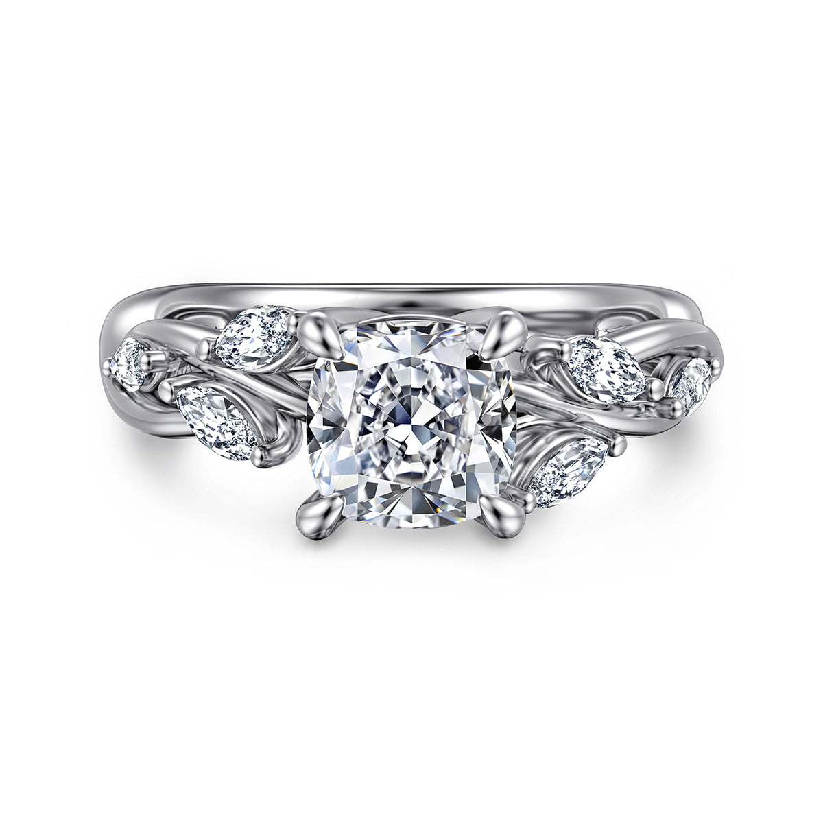14K White Gold Floral Cushion Cut Diamond Engagement Ring — ER16195C6W43JJ; center stone shown for illustration, not included