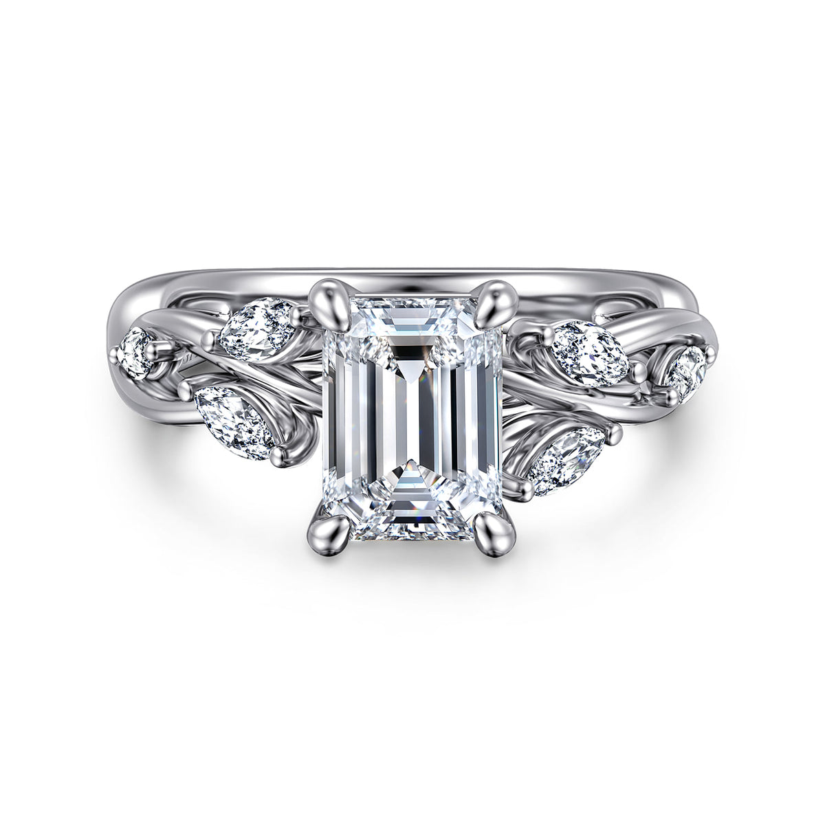 14K White Gold Floral Emerald Cut Diamond Engagement Ring — ER16195E6W43JJ; center stone shown for illustration, not included