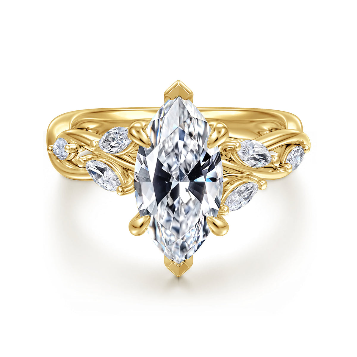 14K Yellow Gold 6 Prong Floral Marquise Shape Diamond Engagement Ring — Gabriel & Co. ER16195M8Y43JJ; center stone shown for illustration, not included