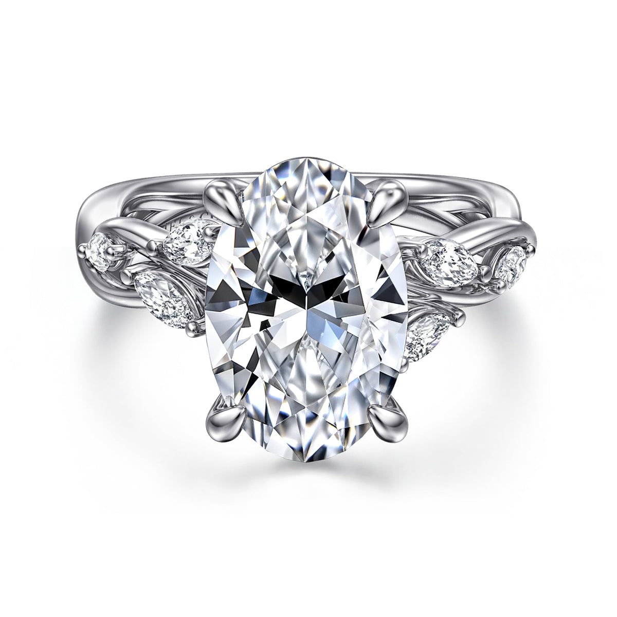 14K White Gold Floral Oval Diamond Engagement Ring — Gabriel & Co. ER16195O16W43JJ; center stone shown for illustration, not included