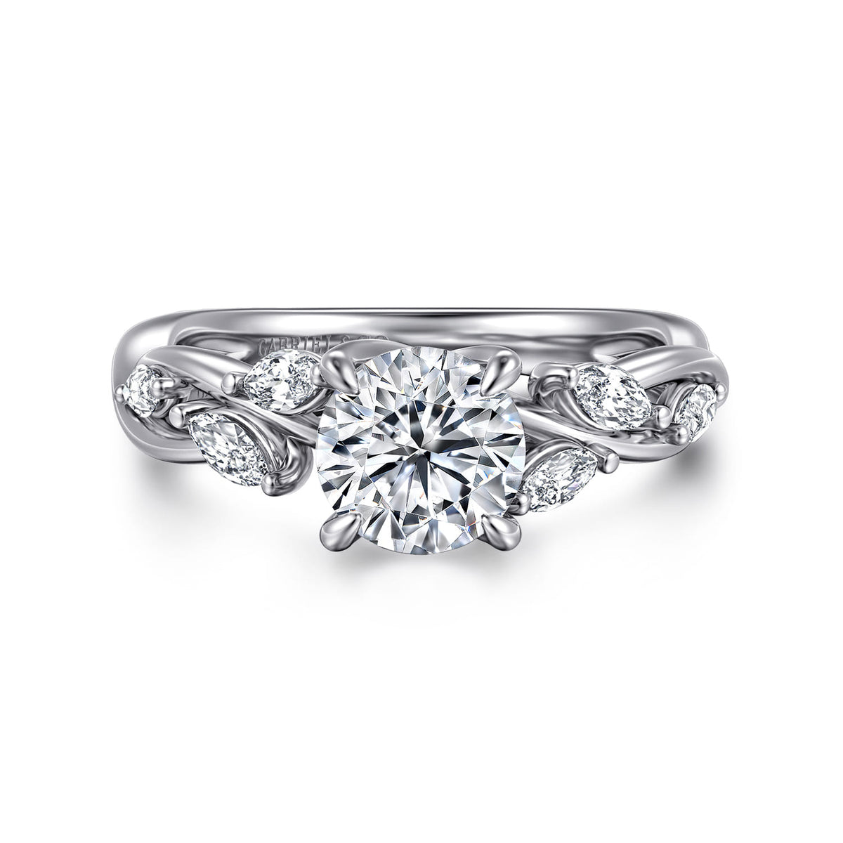 14K White Gold Floral Round Diamond Engagement Ring — ER16195R4W43JJ; center stone shown for illustration, not included