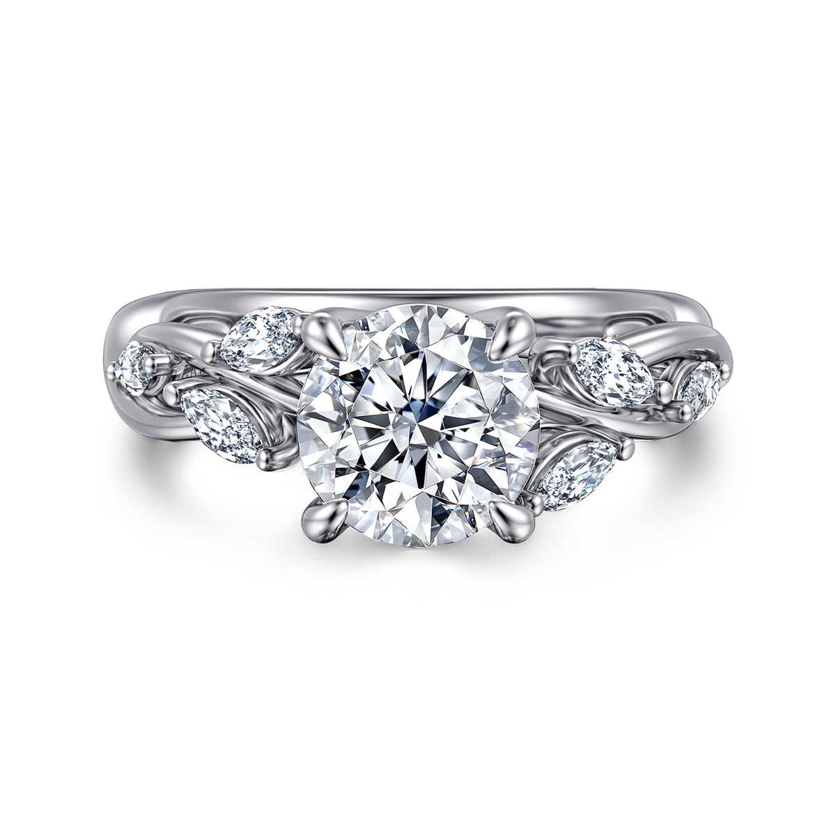 14K White Gold Floral Round Diamond Engagement Ring — ER16195R6W43JJ; center stone shown for illustration, not included