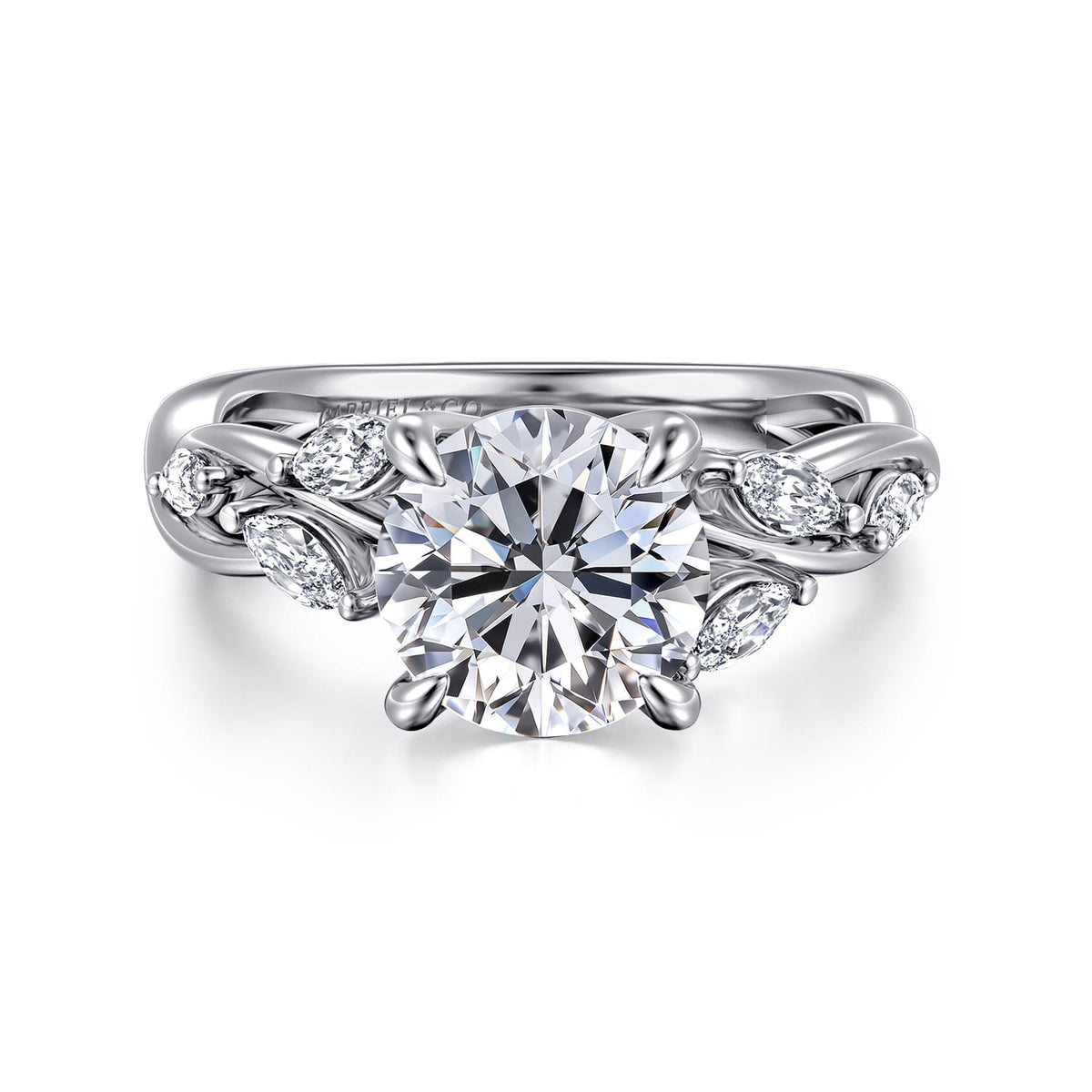 14K White Gold Floral Round Diamond Engagement Ring — Gabriel & Co. ER16195R8W43JJ; center stone shown for illustration, not included