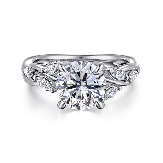 14K White Gold Floral Round Diamond Engagement Ring — Gabriel & Co. ER16195R8W43JJ; center stone shown for illustration, not included