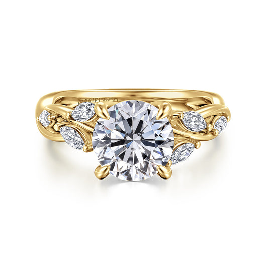 14K Yellow Gold Floral Round Diamond Engagement Ring — Gabriel & Co. ER16195R8Y43JJ; center stone shown for illustration, not included