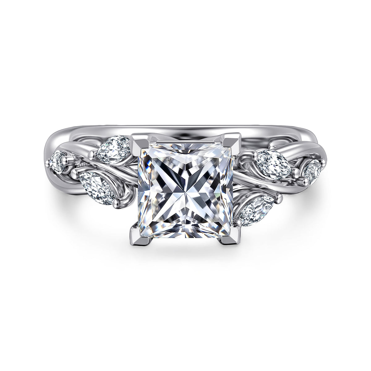 14K White Gold Floral Princess Cut Diamond Engagement Ring — ER16195S6W43JJ; center stone shown for illustration, not included