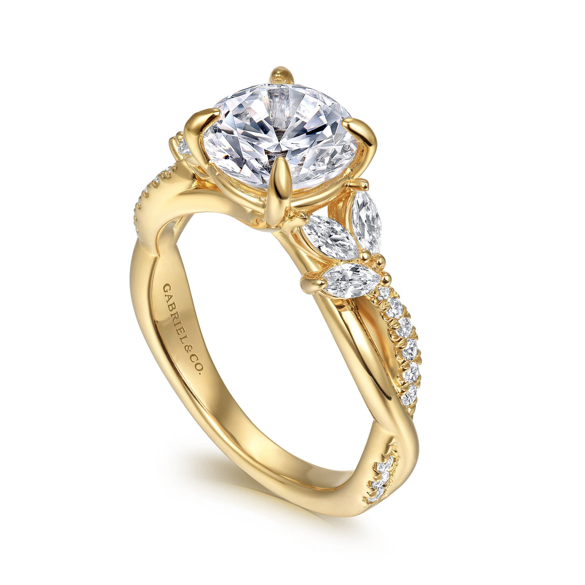 14K Yellow Gold Twisted Round Diamond Engagement Ring — Gabriel & Co. ER16196R8Y44JJ; center stone shown for illustration, not included