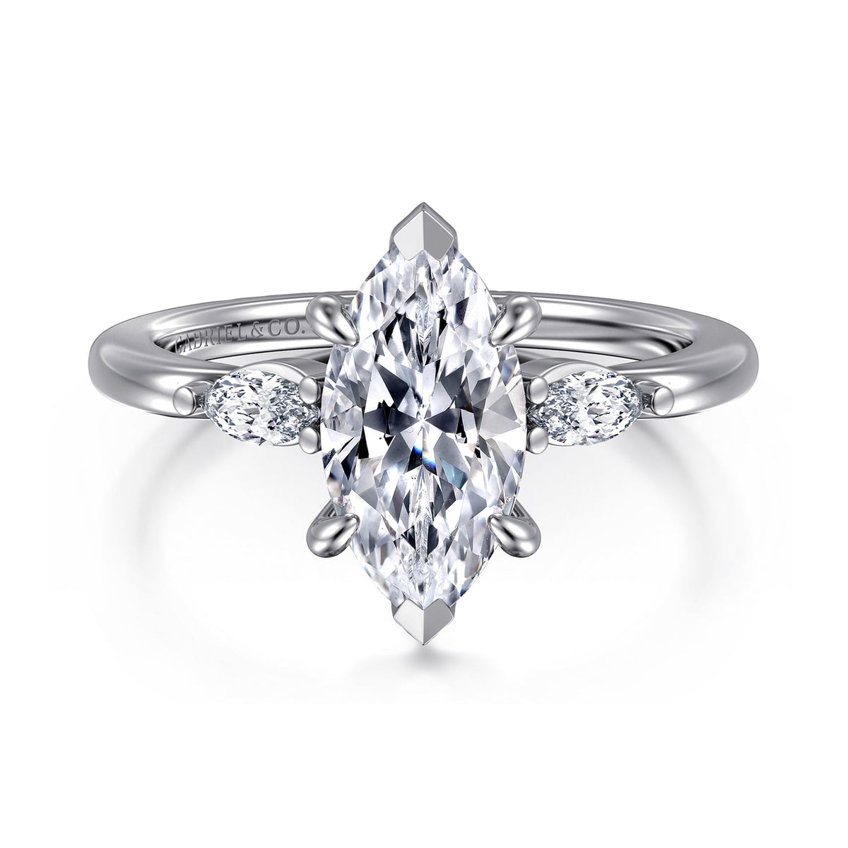 14K White Gold Marquise Shape Three Stone Diamond Engagement Ring — Gabriel & Co. ER16198M6W43JJ; center stone shown for illustration, not included