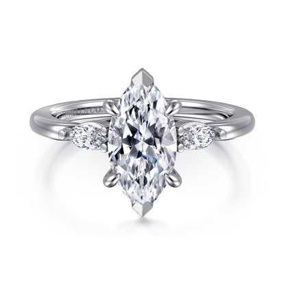14K White Gold Marquise Shape Three Stone Diamond Engagement Ring — Gabriel & Co. ER16198M6W43JJ; center stone shown for illustration, not included