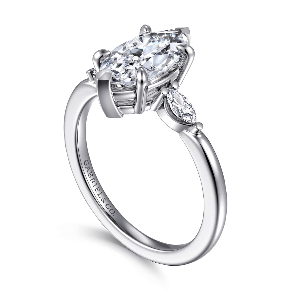 14K White Gold Marquise Shape Three Stone Diamond Engagement Ring — Gabriel & Co. ER16198M6W43JJ; center stone shown for illustration, not included