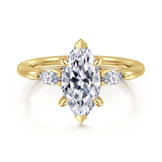 14K Yellow Gold Marquise Shape Three Stone Diamond Engagement Ring — Gabriel & Co. ER16198M6Y43JJ; center stone shown for illustration, not included