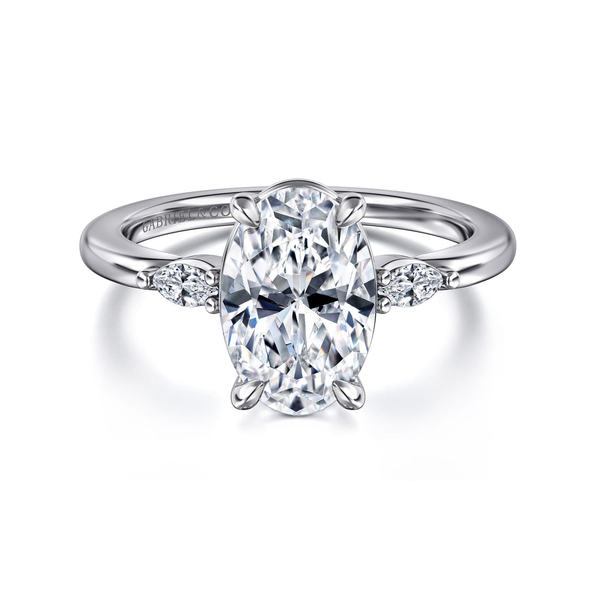 14K White Gold Oval Three Stone Diamond Engagement Ring — Gabriel & Co. ER16198O8W43JJ; center stone shown for illustration, not included