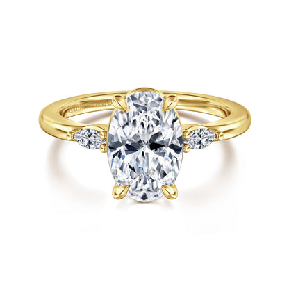 14K Yellow Gold Three Stone Oval Diamond Engagement Ring — Gabriel & Co. ER16198O8Y43JJ; center stone shown for illustration, not included