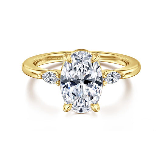 14K Yellow Gold Three Stone Oval Diamond Engagement Ring — Gabriel & Co. ER16198O8Y43JJ; center stone shown for illustration, not included