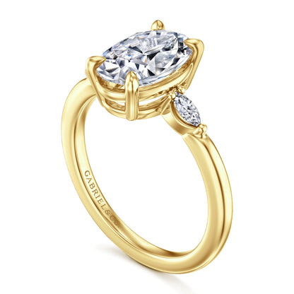14K Yellow Gold Three Stone Oval Diamond Engagement Ring — Gabriel & Co. ER16198O8Y43JJ; center stone shown for illustration, not included