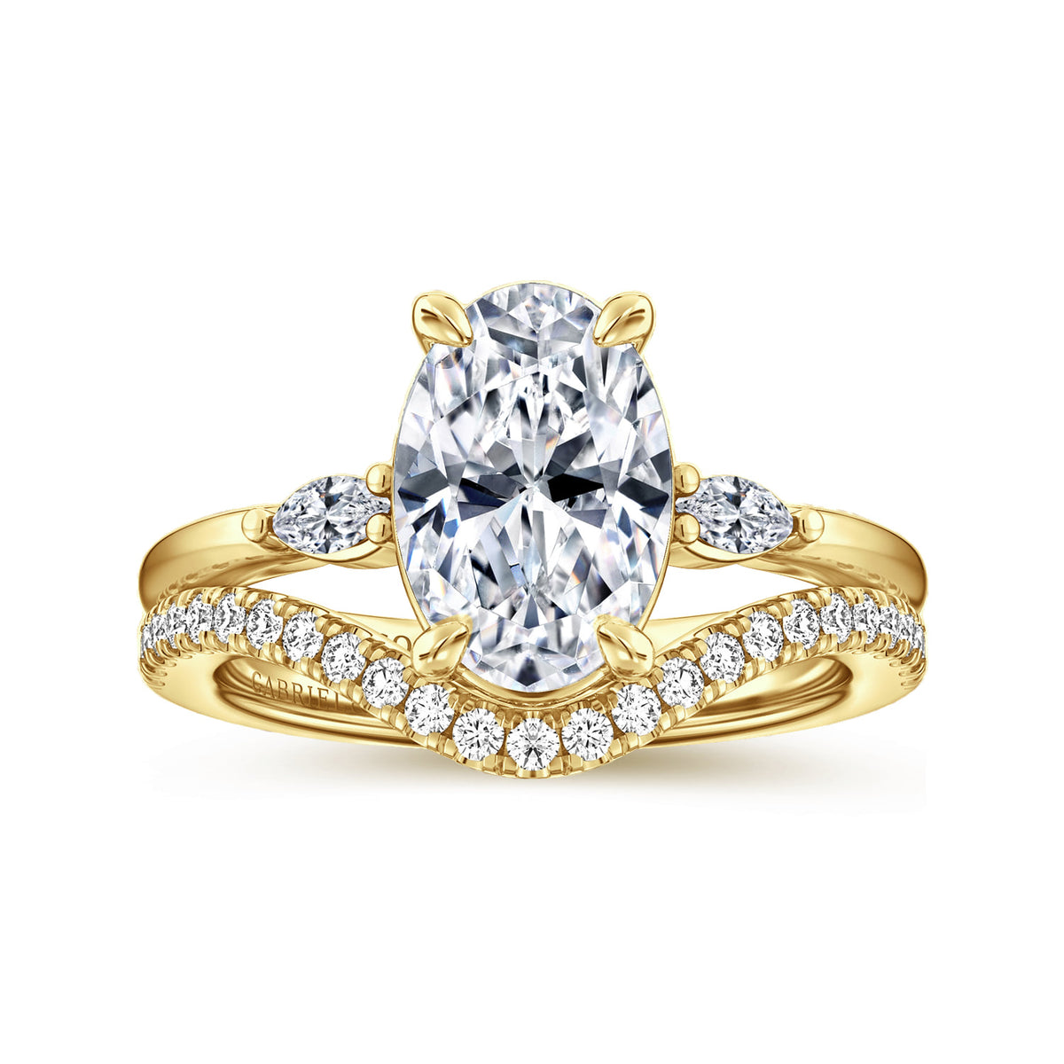 14K Yellow Gold Three Stone Oval Diamond Engagement Ring — Gabriel & Co. ER16198O8Y43JJ; center stone shown for illustration, not included