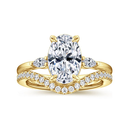 14K Yellow Gold Three Stone Oval Diamond Engagement Ring — Gabriel & Co. ER16198O8Y43JJ; center stone shown for illustration, not included