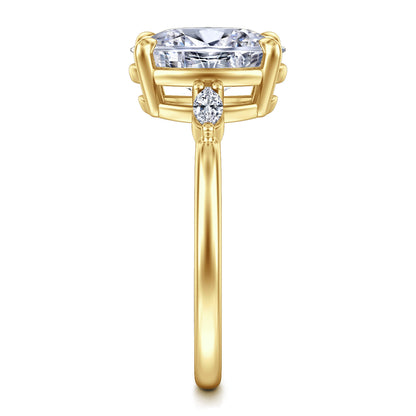 14K Yellow Gold Three Stone Oval Diamond Engagement Ring — Gabriel & Co. ER16198O8Y43JJ; center stone shown for illustration, not included