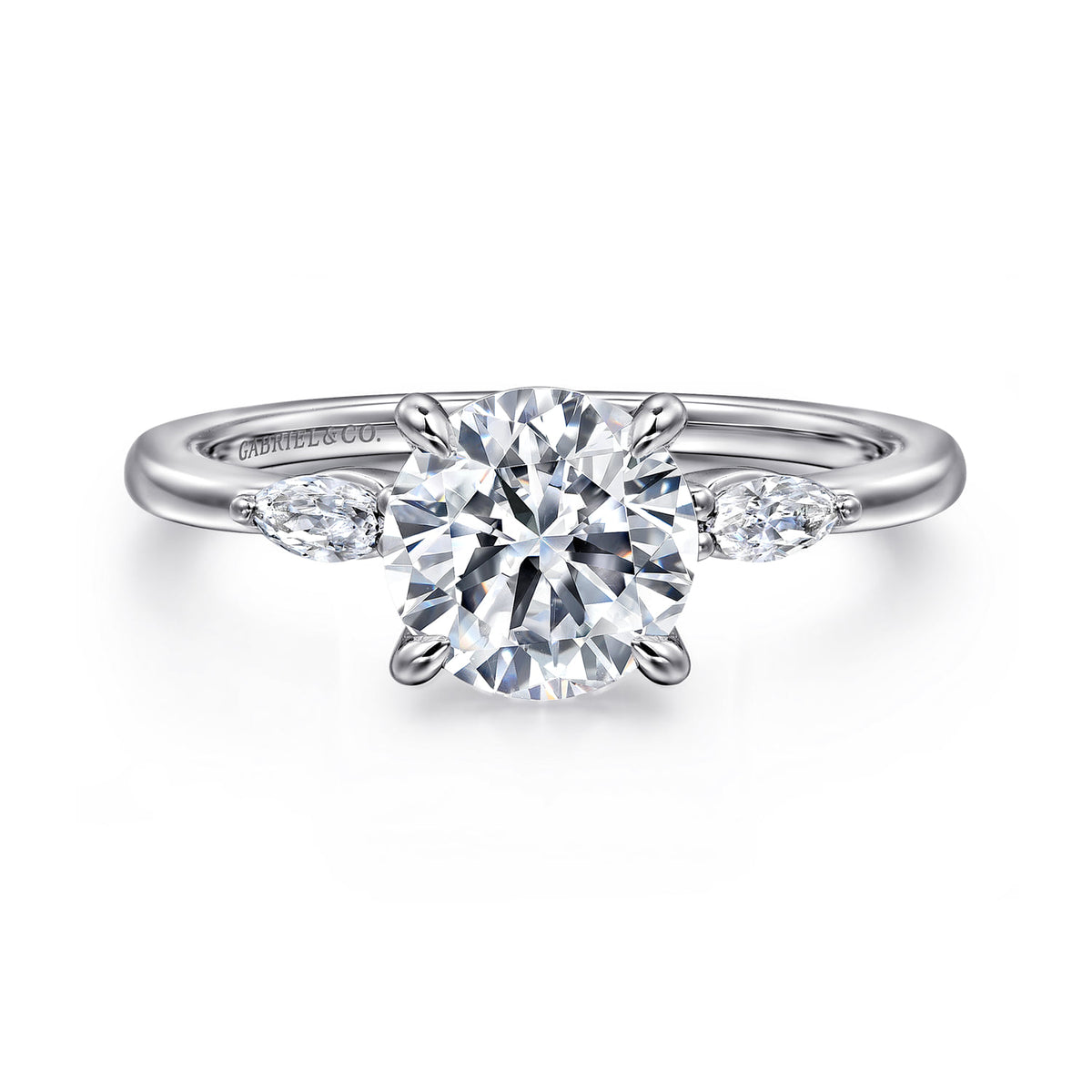 14K White Gold Round Three Stone Diamond Engagement Ring — Gabriel & Co. ER16198R6W43JJ; center stone shown for illustration, not included