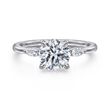 14K White Gold Round Three Stone Diamond Engagement Ring — Gabriel & Co. ER16198R6W43JJ; center stone shown for illustration, not included