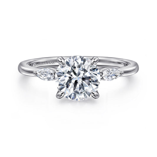 14K White Gold Round Three Stone Diamond Engagement Ring — Gabriel & Co. ER16198R6W43JJ; center stone shown for illustration, not included