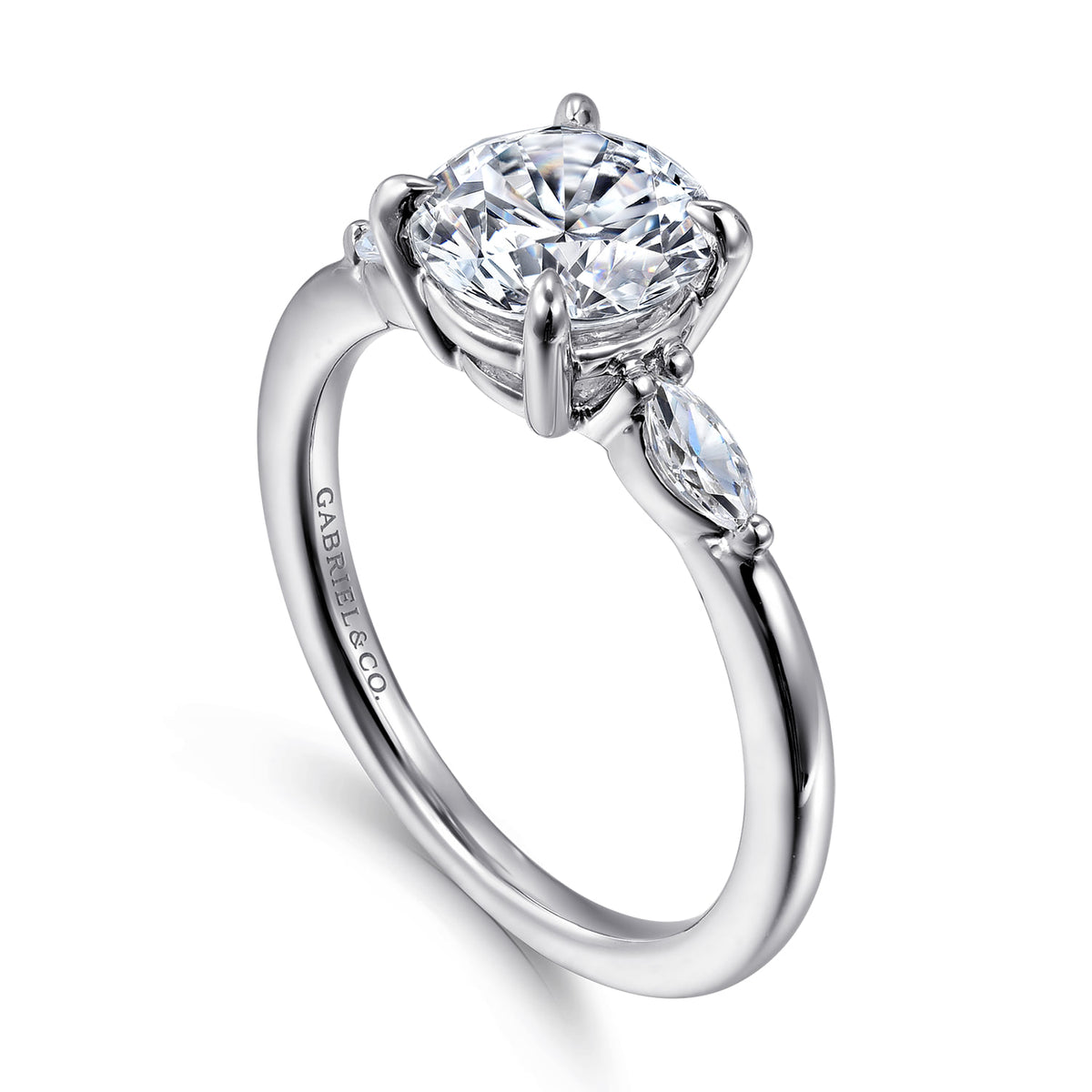14K White Gold Round Three Stone Diamond Engagement Ring — Gabriel & Co. ER16198R6W43JJ; center stone shown for illustration, not included