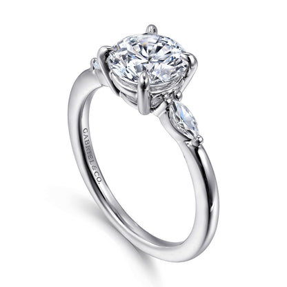 14K White Gold Round Three Stone Diamond Engagement Ring — Gabriel & Co. ER16198R6W43JJ; center stone shown for illustration, not included