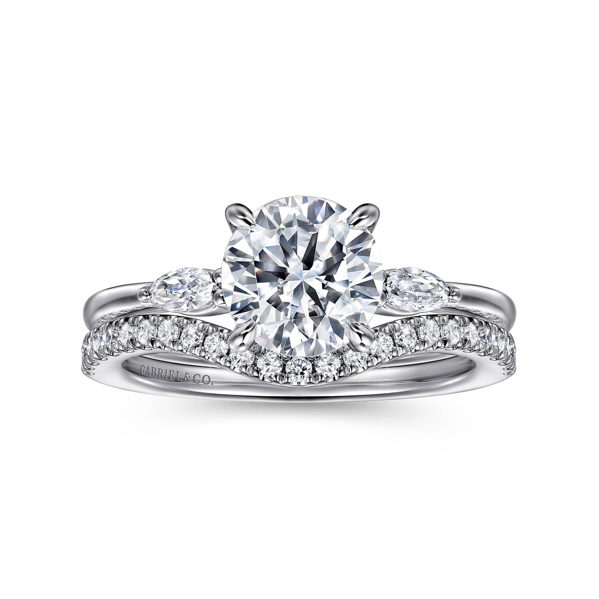 14K White Gold Round Three Stone Diamond Engagement Ring — Gabriel & Co. ER16198R6W43JJ; center stone shown for illustration, not included
