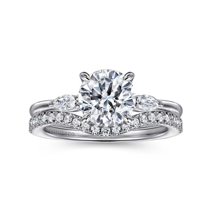 14K White Gold Round Three Stone Diamond Engagement Ring — Gabriel & Co. ER16198R6W43JJ; center stone shown for illustration, not included