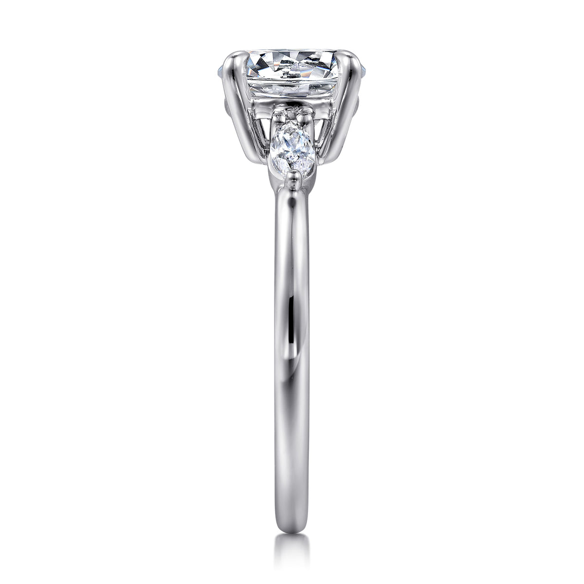 14K White Gold Round Three Stone Diamond Engagement Ring — Gabriel & Co. ER16198R6W43JJ; center stone shown for illustration, not included