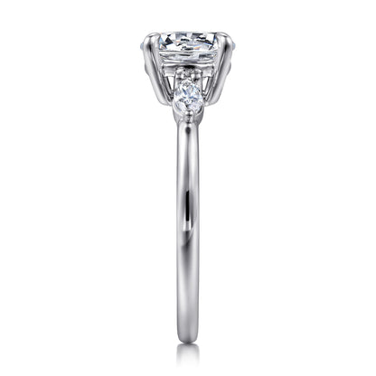 14K White Gold Round Three Stone Diamond Engagement Ring — Gabriel & Co. ER16198R6W43JJ; center stone shown for illustration, not included