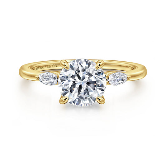 14K Yellow Gold Round Three Stone Diamond Engagement Ring — Gabriel & Co. ER16198R6Y43JJ; center stone shown for illustration, not included