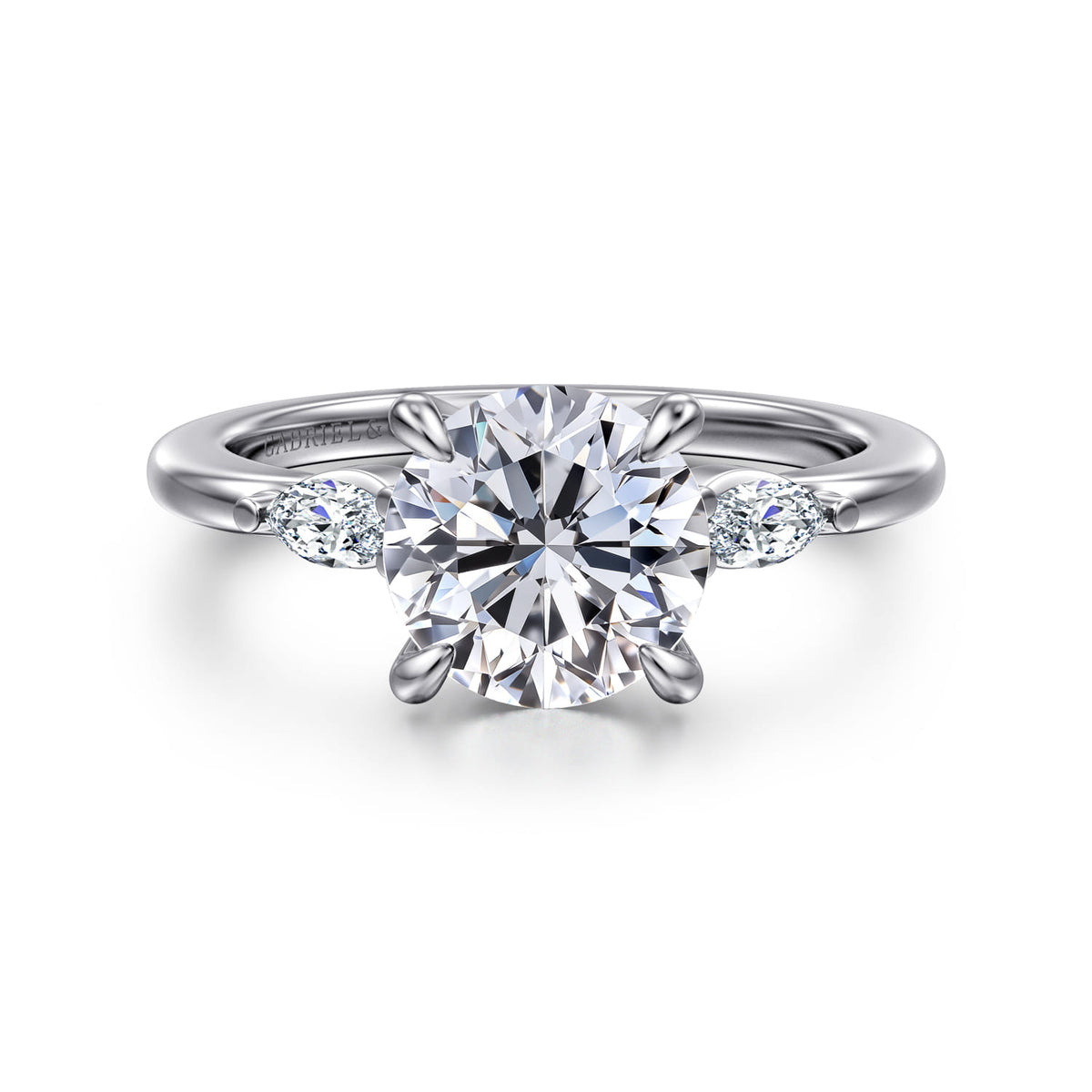 14K White Gold Round Three Stone Diamond Engagement Ring — Gabriel & Co. ER16198R8W43JJ; center stone shown for illustration, not included