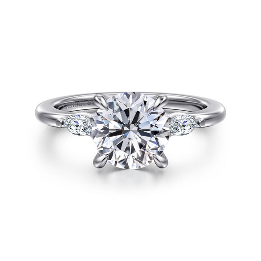 14K White Gold Round Three Stone Diamond Engagement Ring — Gabriel & Co. ER16198R8W43JJ; center stone shown for illustration, not included