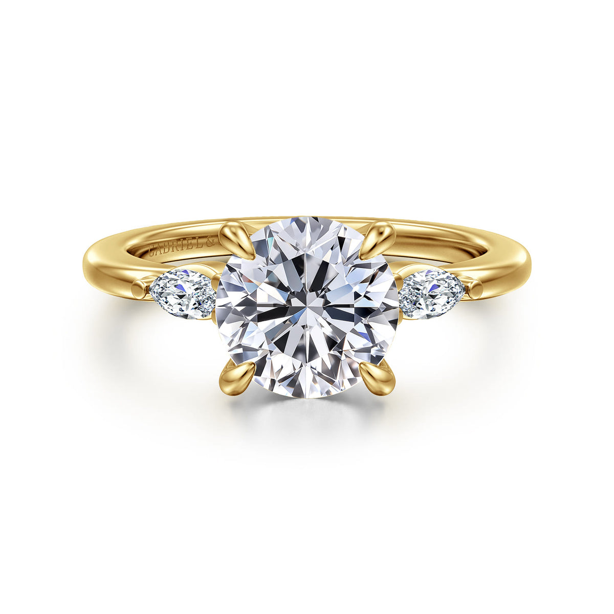 14K Yellow Gold Round Three Stone Diamond Engagement Ring — Gabriel & Co. ER16198R8Y43JJ; center stone shown for illustration, not included