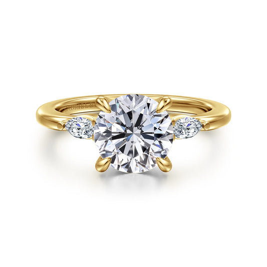 14K Yellow Gold Round Three Stone Diamond Engagement Ring — Gabriel & Co. ER16198R8Y43JJ; center stone shown for illustration, not included