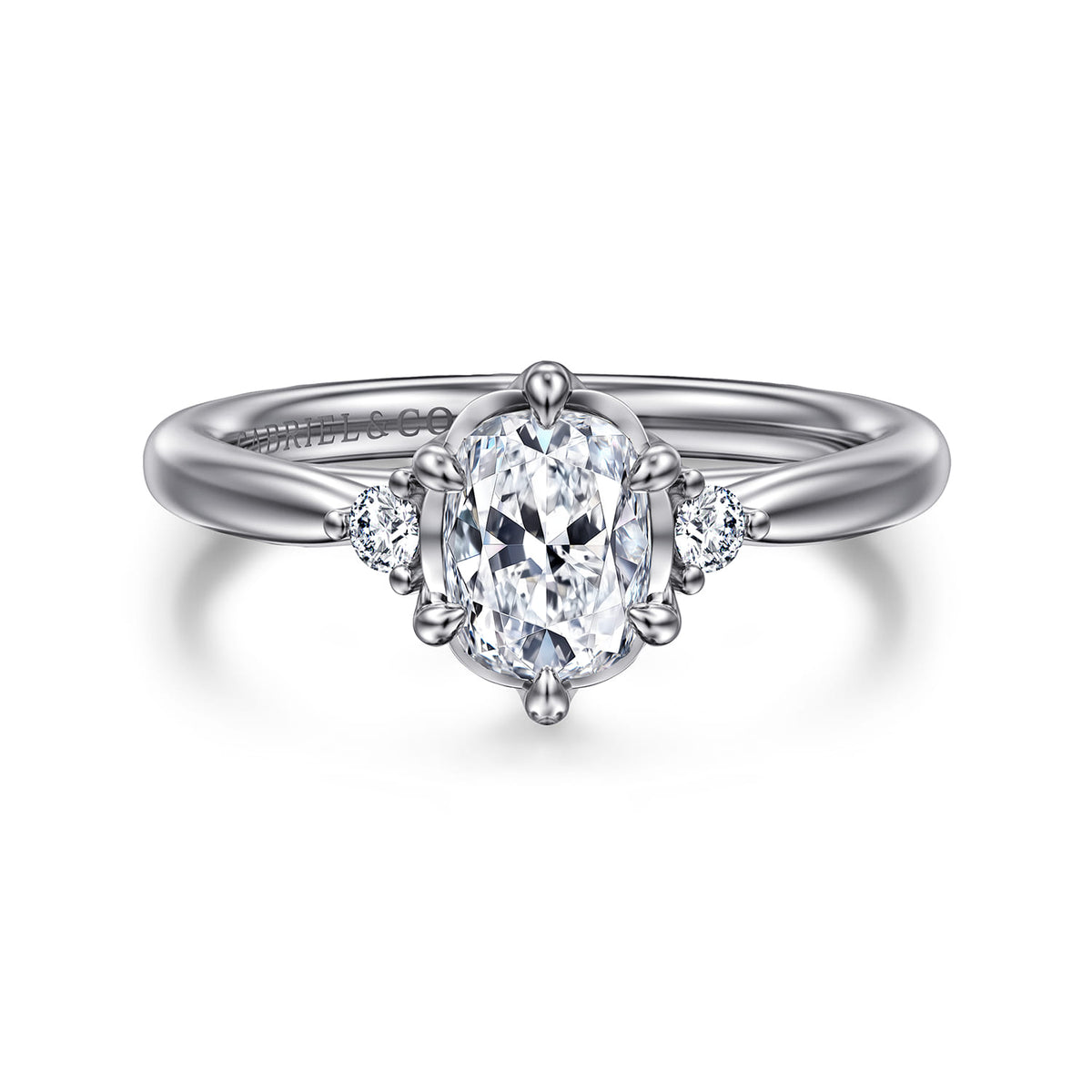 14K White Gold Elongated Cushion Three Stone Diamond Engagement Ring — Gabriel & Co. ER16200G6W44JJ; center stone shown for illustration, not included